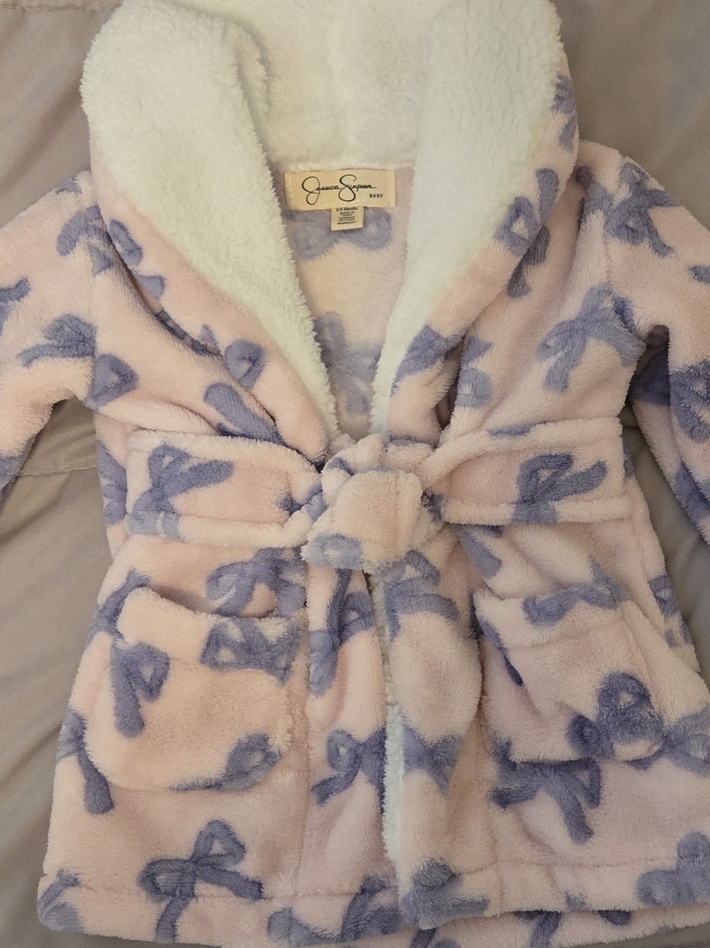 Jessica Simpson Pink Plush Kids Robe with Lavender Bow Print &  Slippers Sz 0-9